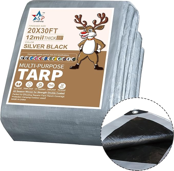 STARPYNG-12 Mil Silver/Black 20x30 Feet Tarp-Heavy Duty Poly Tarp-Cover,Waterproof, UV Resistant, Weather Resistant, Cover Cars, Boats, Courtyards,Camping