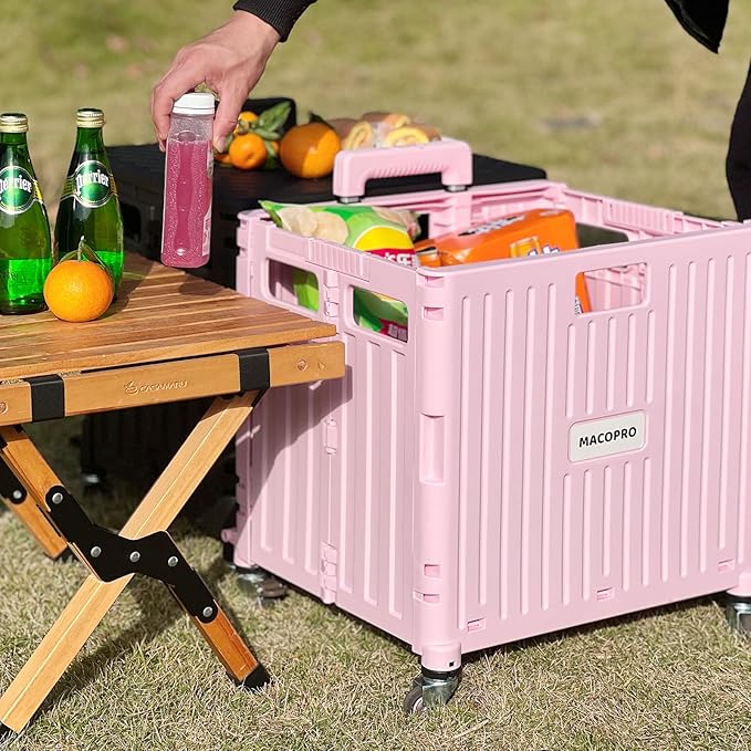 Folding Utility Cart Portable Rolling Crate Handcart Shopping Trolley Collapsible Tool Box, with Lid, Basket on 4 Rotate Wheels, for Grocery, Shopping, Office, Teacher (Pink)
