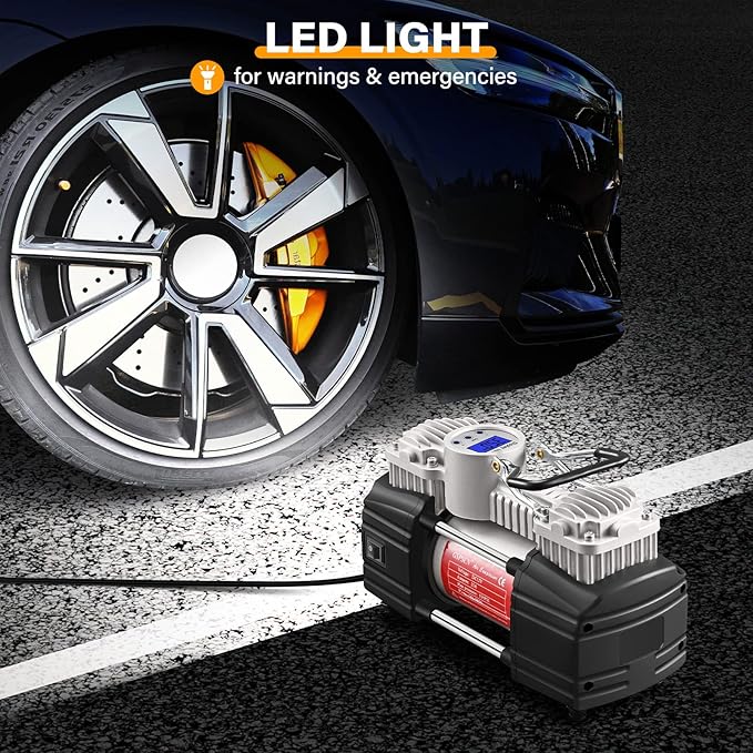 GSPSCN 6X Faster Inflation Portable 12V Air Compressor Pump Digital Display Tire Inflator with LED Flashlight, Heavy Duty Dual Cylinder Tire Pump 150 PSI for Auto,SUV,Off-Road,Truck,RV,Bike etc