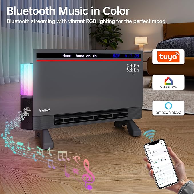 Smart Electric Space Heater with Bluetooth Speaker & RGB Light, App/Remote/Touch Control, Freestanding/Wall Heater, 2 Heat & 2 Fan Modes for All-Season Indoor Use