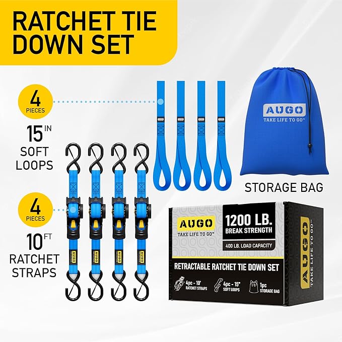 AUGO Retractable Ratchet Straps | 4 Heavy Duty Ratchet Straps Self Retractable Tie Downs with Soft Loops & Storage Bag for Motorcycle, Truck, Trailer, Cargo Van | 1200 Lb Break Strength 1” x 10’