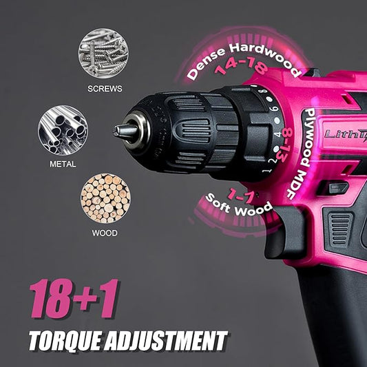 20V Pink Cordless Drill Set for Women - with 2.0Ah Battery & Charger, 3/8" Keyless Chuck,Lightweight Electric Power Drill Tool,2-Speed + 354 In-Lb Torque(Pink)