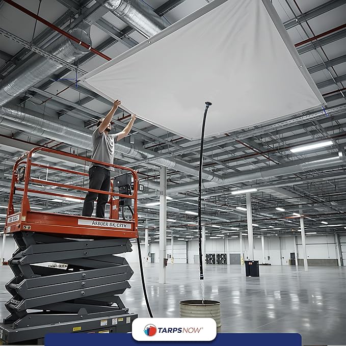 Heavy Duty Ceiling Leak Diverter Tarp with Drain Flange - Roof Water Diverter for Emergency Leaks - Water Leak Catcher with D-Rings - Effective Water Diverter - 10' x 10'