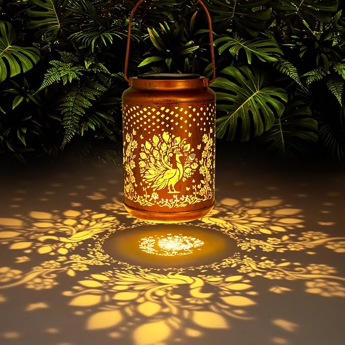 YISITEONE Peacock Outdoor Solar Lanterns, Garden Waterproof Metal Hanging Decor Lights for Patio Yard Pathway Lawn Front Porch, Birthday Gardening Gifts for Women Mom Grandma