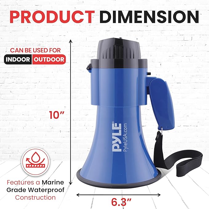 Pyle Compact Battery-Operated Megaphone with Siren - 30 Watt Power, Microphone, 2 Modes, PA Sound, Bullhorn, Foldable Handle for Cheerleading, Police Use (Blue)