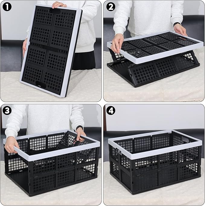 66 L Large Stackable Storage Crates, Black Plastic Collapsible Storage Basket, 4 Pack