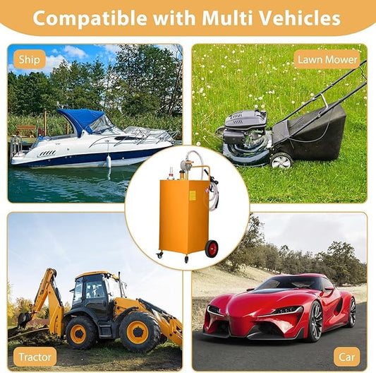 35 Gallon Fuel Caddy with Manual Pump, Heavy Duty Portable Gas & Diesel Transfer Tank on 4 Wheels, Spill-Proof Container for Truck, Tractor, Boat, ATV, Farm,Orange