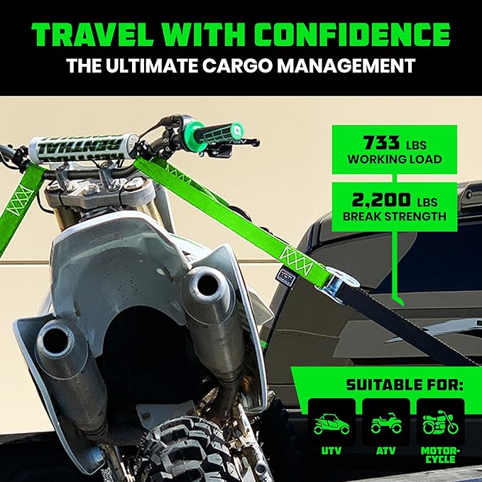Rhino USA Motorcycle Tie Down Straps (2 Pack) Lab Inspected 2,200lb Break Strength, Steel Cambuckle Tiedown Set with Integrated Soft Loops - Better Than a Ratchet Strap (Green 2-Pack)