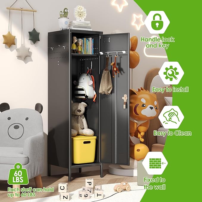 1 Door Metal Storage Lockers with Handle and Hanging Rod,Metal Locker for Employees with Pegboard and Hooks for Home,Office,Gym, School, Garage,Assembly Required,Black