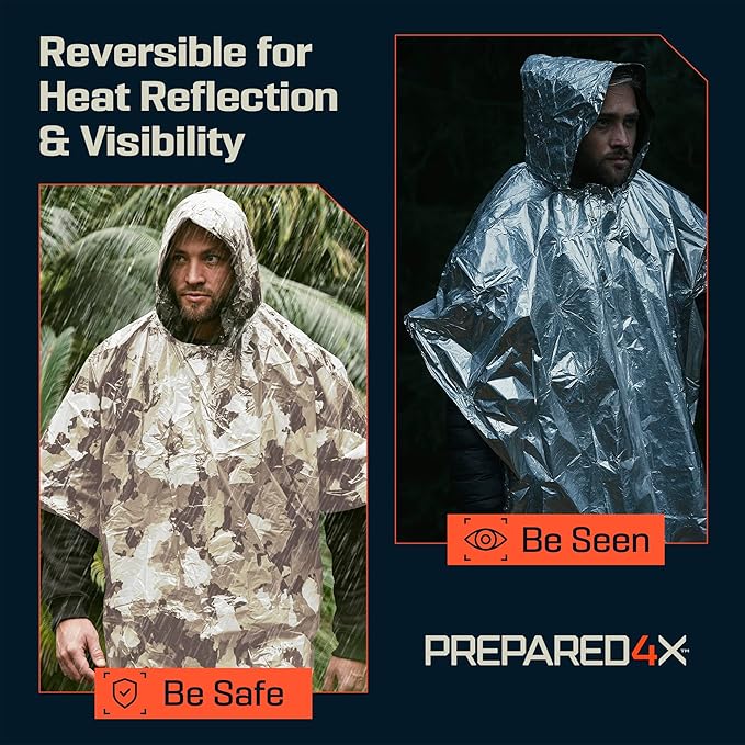 PREPARED4X Emergency Poncho and Mylar Blanket Liner - Waterproof, Wind-Resistant Outdoor Rain Poncho for Camping, Emergencies