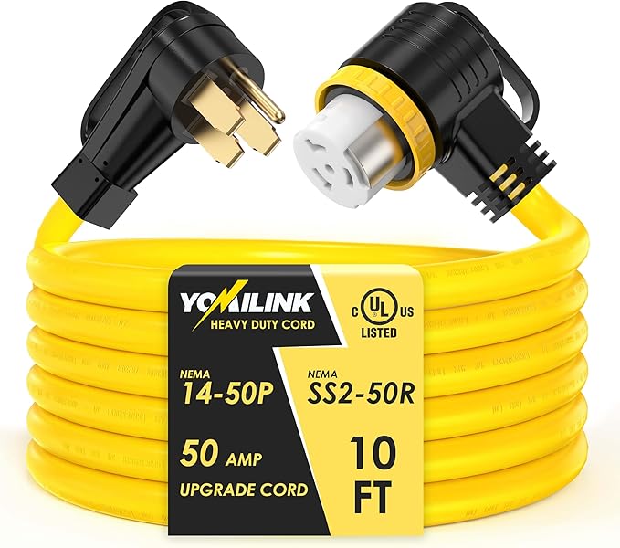 10 Feet 50 Amp RV/Generator Cord, UL Listed, Locking Connector, NEMA 14-50P to SS2-50R Twist Locking, Newly Designed 90°Grip Handle, 6/3+8/1 Gauge STW Wire