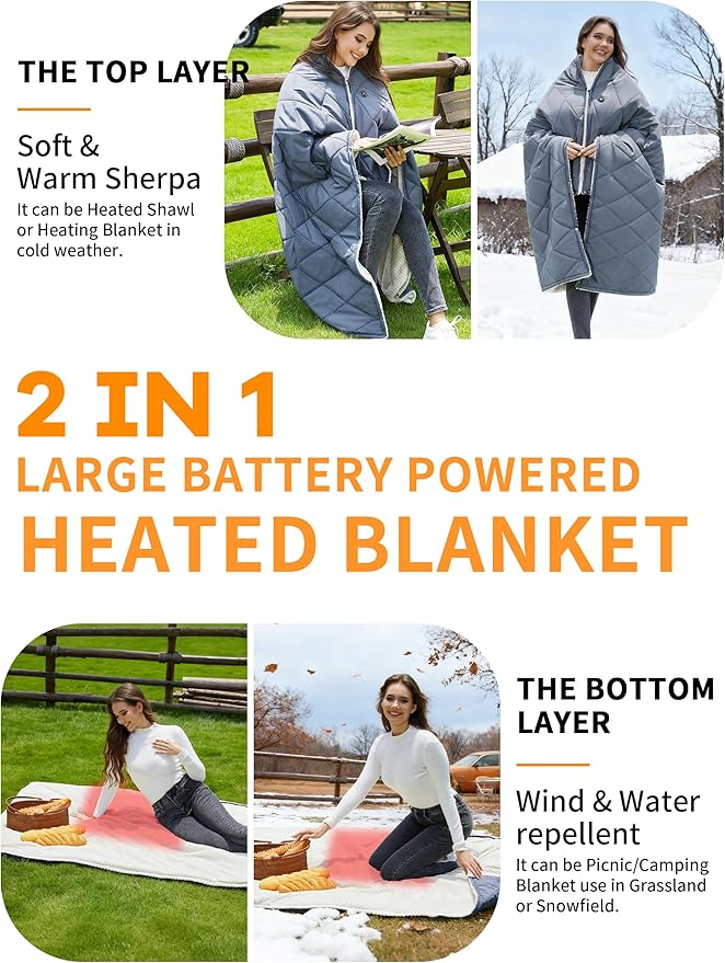 Heated Blanket Battery Operated,12V Heated Shawl Throw Blanket,Cordless heating pad with 15000 battery,Wearable Heated Blanket,Sherpa Lining,3 Heating Set for Car,Camping,Backpacking,Hiking,Travel