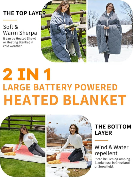 Heated Blanket Battery Operated,12V Heated Shawl Throw Blanket,Cordless heating pad with 15000 battery,Wearable Heated Blanket,Sherpa Lining,3 Heating Set for Car,Camping,Backpacking,Hiking,Travel