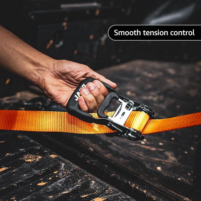 JACO Heavy Duty Ratchet Straps - 1.6 inch x 8 ft (Pack of 4) | Tie Down Kit with Soft Loops - 5,208 lbs (Orange)