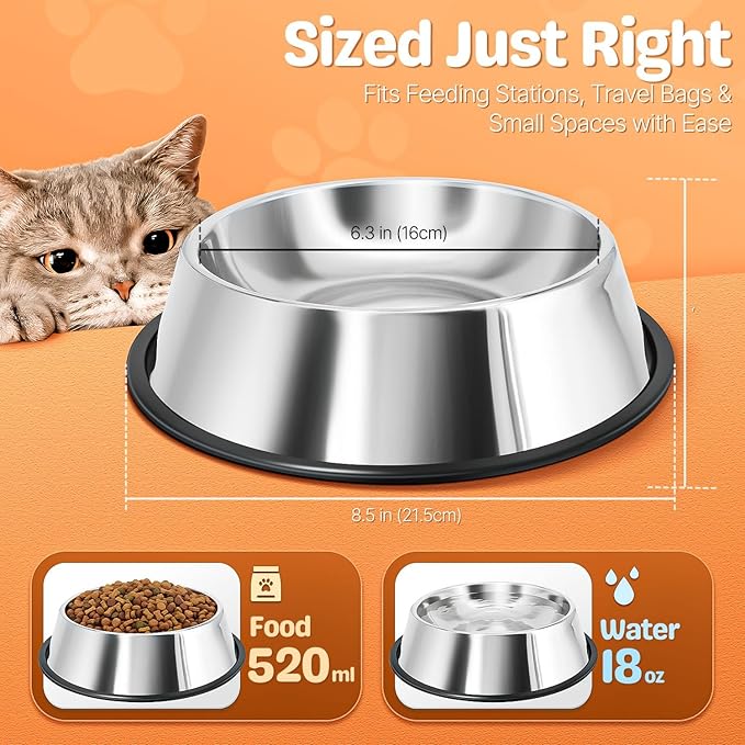 Flexzion Stainless Steel Dog Bowl (2.2 Cup/18oz) - Non Spill Water and Food Stainless Steel Pet Bowls Dish Feeder with Anti-Slip Rubber Base for Medium Sized Dog, Cat, Rabbit, and More