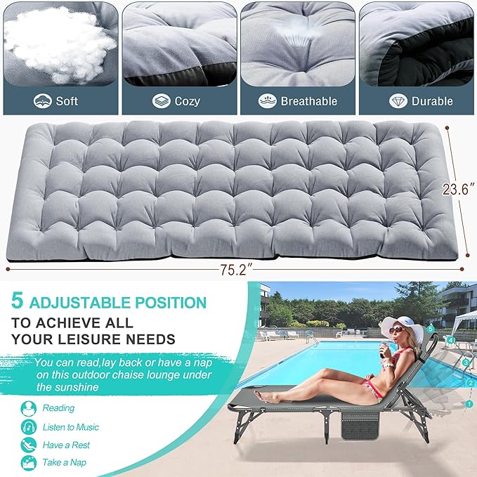 ABORON Patio Lounge Chair, Folding Guest Bed Cot for Adults, 500LB Heavy-Duty Capacity, Portable Extra Bed with Comfort Mat, Quick Fold Design for Indoor Guest Stays & Temporary Use