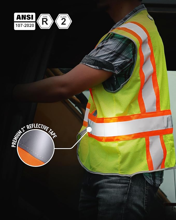 GE Multi-Functional Safety Vest Expandable 5-Point Breakaway High Visibility with Zipper Pockets, Class 2
