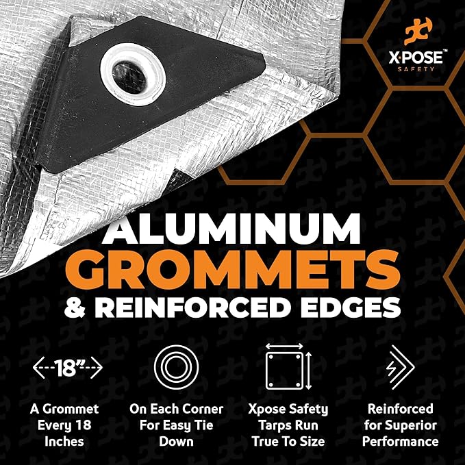 Heavy Duty Poly Tarp - 100' x 100' - 10 Mil Thick Waterproof, UV Blocking Protective Cover - Reversible Silver and Black - Laminated Coating - Grommets - by Xpose Safety