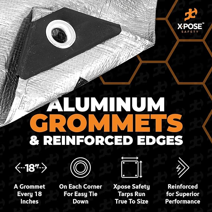 Heavy Duty Poly Tarp - 30' x 30' - 10 Mil Thick Waterproof, UV Blocking Protective Cover - Reversible Silver and Black - Laminated Coating - Grommets - by Xpose Safety