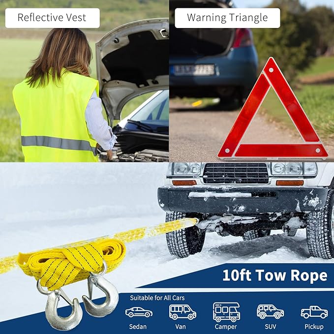 XOOL Car Emergency Kit with Jumper Cables, First Aid Kit, Tow Strap & Tool Set – 88PCS Roadside Safety Kit for Cars, Trucks & SUVs