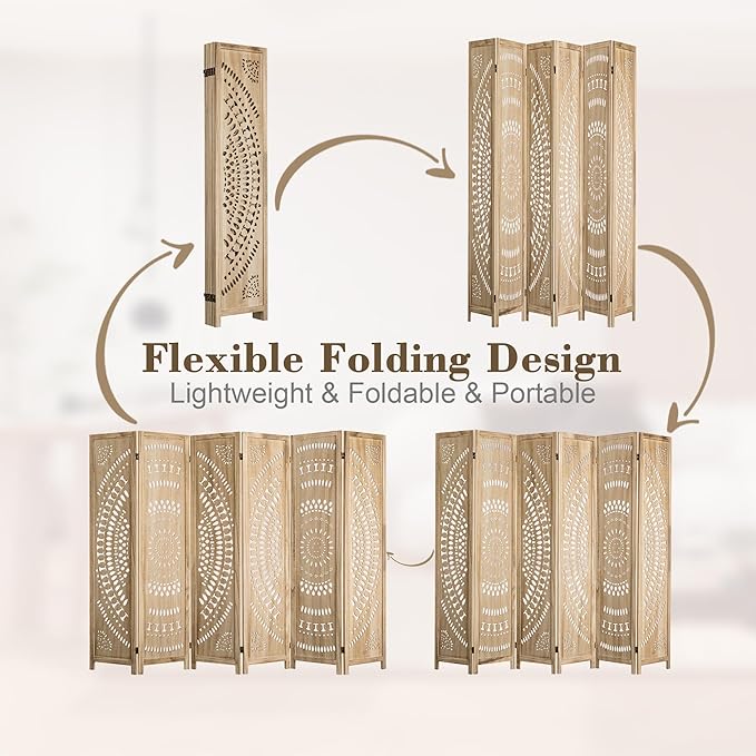 WelFurGeer Handcrafted Carved Wooden Room Divider Screen, Folding Privacy Screen for Room Separation, Decorative Room Dividers, 360° Adjustable Folding Panels for Privacy, Home, Office & Patio