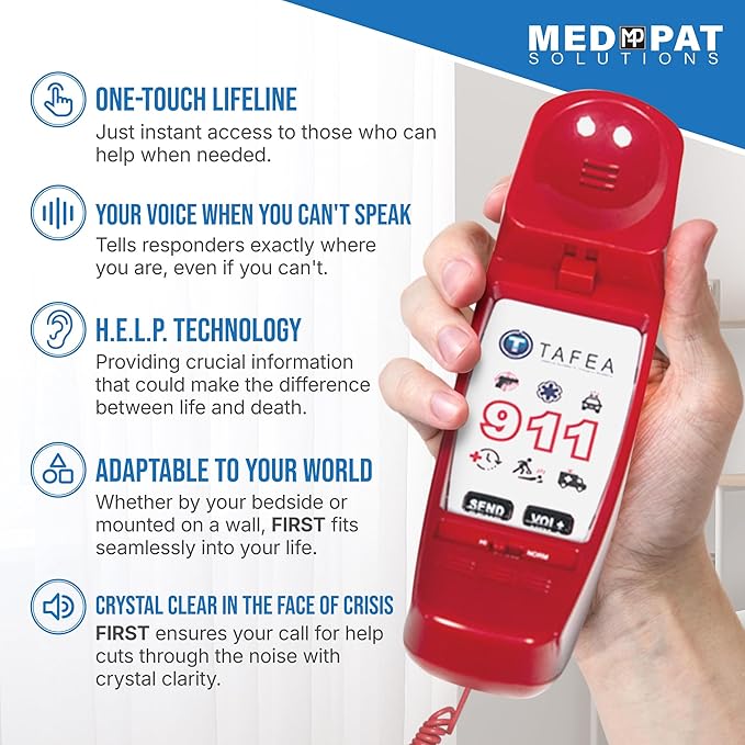Med-Pat FIRST by TAFEA Emergency One-Touch Dialer - Instant Lifeline - H.E.L.P. Technology Emergency Response - Patented Enhanced Microphone - Increase Distance to Hear Background Noise - Crisis Phone