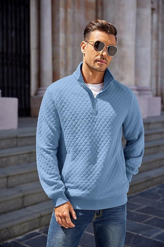 COOFANDY Mens Quarter Zip Pullover Quilted Sweatshirt Knit Long Sleeve Mock Neck Sweater Polo with Pocket