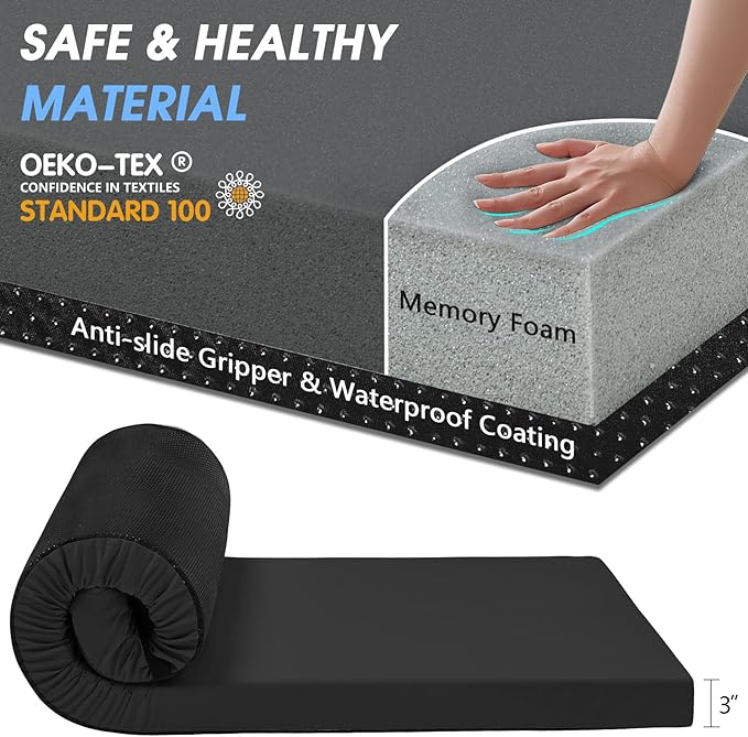 CYMULA Memory Foam Camping Mattress Pad,3inch Sleeping Pad for Camping,Non-Slip Bottom Floor Cot Car Mattress Bed with Retaining Portable Roll up Mattress Pad Mat for Travel Truck Guest Bed Tent