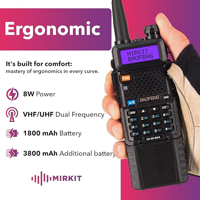 Mirkit UV-5R MK4 8W Extra Pack Two Way Radio - Walkie Talkies VHF/UHF 144-148/420-450 mhz Ham Radio with Baofeng Accessories: Battery 3800 mAh, Baofeng Speaker Mic and Programming Cable