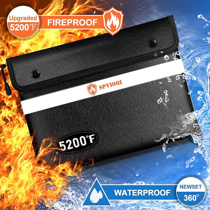 Upgraded 5200°F Fireproof Document Bag - Heat Insulated, Fireproof Bag with Zipper, Reflective Strip for Fast Find, Water Resistant, Firep roof Money Bags for Cash, A5 Important Documents and Valuable