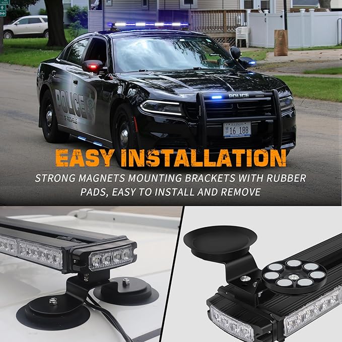 XRIDONSEN 37" 104 LED Roof Top Blue White Emergency Magnetic Police Firefighter Traffic Advisor Strobe Light Bar Warning Flashing Safety Lights w/Controller for Vehicles POV Trucks
