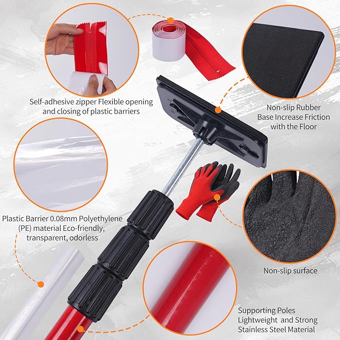 10FT Dust Barrier Poles Kit with Plastic Sheeting (32.8x13.1FT), 2 Heavy-Duty Zippers & Gloves – Telescoping Poles for Temporary Dust Barrier System, Home Renovation & Construction (4PCS)