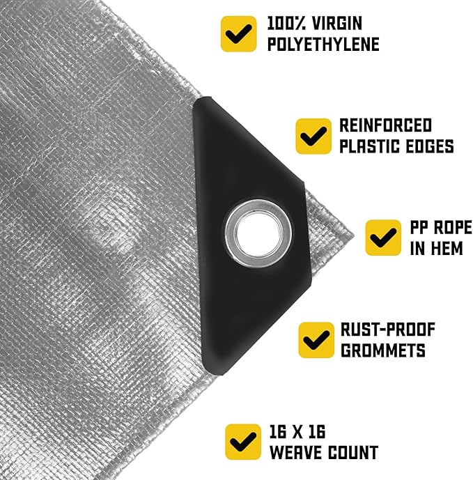 Core Tarps Extreme Heavy Duty 20 Mil Tarp Cover, Waterproof, UV Resistant, Rip and Tear Proof, Poly Tarpaulin with Reinforced Edges for Roof, Camping, Patio, Pool, Boat (Silver/Black 12′ X 16′)