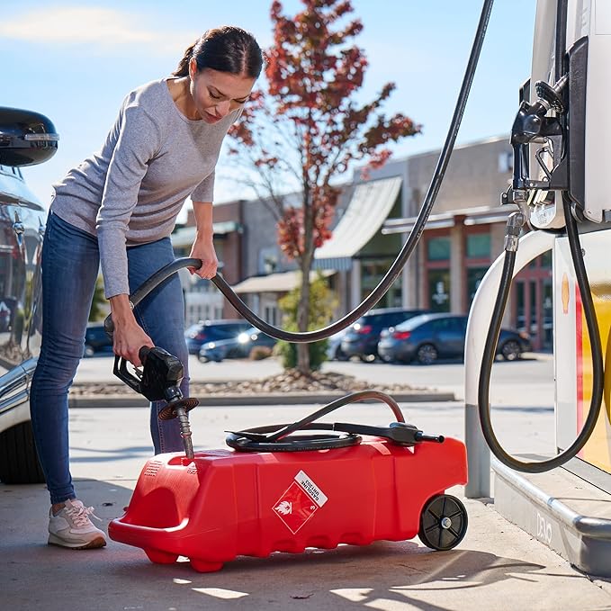 Scepter Duramax Flo ’N Go 14 Gallon Gas Caddy, 53 Liter Portable Fuel Tank and Fuel Transfer Pump with 10-Foot Hose for Lawn Mower, Farm, Marine, Commercial, and Home Use, Gasoline Only, Red