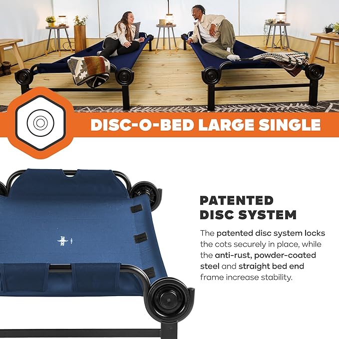 Disc-O-Bed Large Outdoor Modular 1 Person Single Camping Cot Portable Bed for Adults, Sleep Solution for Tents, Navy