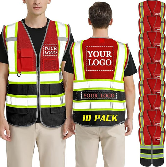 BeautyWill 10 Pack Custom Logo Safety Vest ANSI Class 2 High Visibility Reflective Vest Personalized Construction Vest Bulk