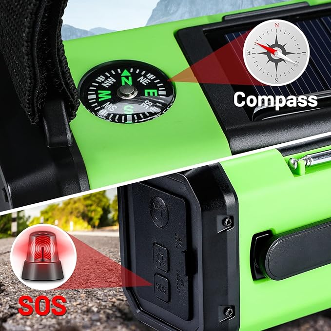 Emergency Hand Crank Radio with 10000mAh/37000mWh Battery Backup, AM FM NOAA Weather Radio, Type-C Charge,Solar Radio,SOS, 3 Modes LED Flashlight，Reading Lamp, Compass for Outdoor Survival