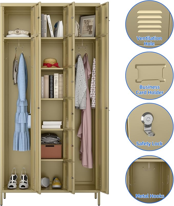 Metal Lockers for Employees with 10 Doors, 72" H Steel Lockable Storage Lockers with 6 Hooks and 10 Card Holder for Office, Home, Gym, School, Employees, Camel
