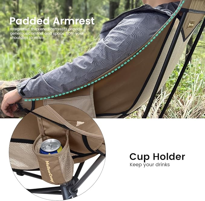 MellowCamp High Back Camping Chair, Oversized Comfort Design Collapsible Camp Chair with Pillow (Brown)