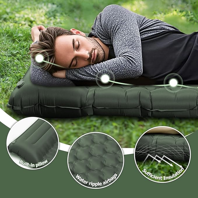 Sleeping Pad, 4.7" Extra-Thick & Ultralight Inflatable Camping Mat with Pillow, Built-in Foot Pump, Compact for Backpacking, Camping, Hiking, Travel —Military Green