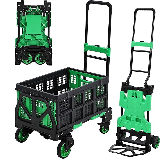 Folding Hand Truck, 330 LB Heavy Duty Dolly Cart with Foldable Basket, Foldable Hand Truck with Bungee Rope, Rubber Wheels and Retractable Handle for Luggage, Travel, Moving, Office, Green