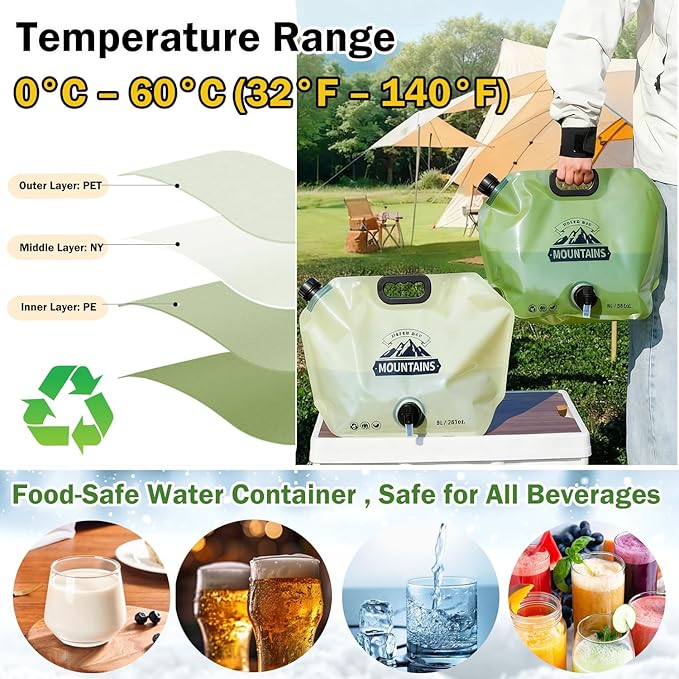 Camping Water Jug 8L/2.1 Gallon,Portable Folding Water Bag with Spigot and Handle, BPA Free Large Capacity Water Storage Carrier for Camping, Hiking, Outdoor, Emergency (Green, 8L)