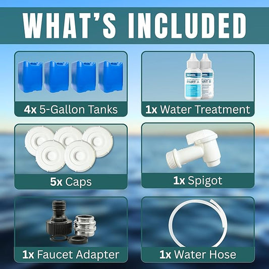 5-Gallon Stackable Water Tanks for Long-Term Emergency Storage | Complete Water Storage Kit for Survival with Lids, Spigot, Water Treatment, Hose & Faucet Attachment (4 Tanks (20 Gallons))