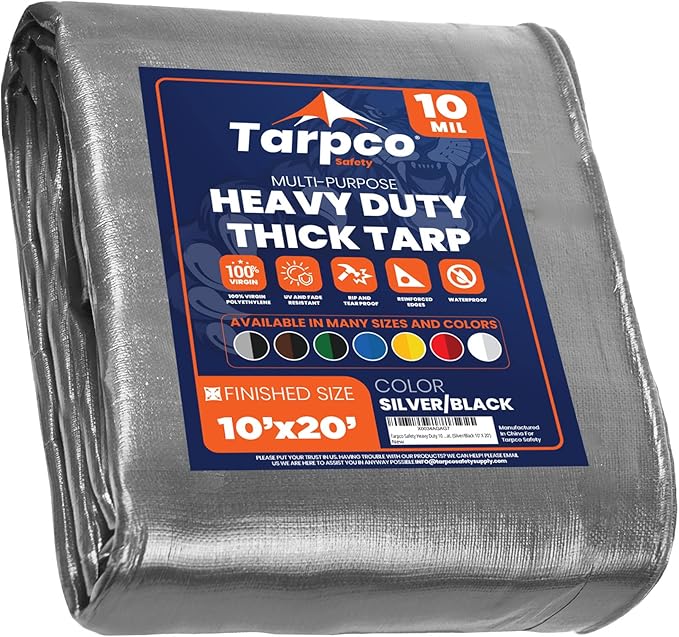 Tarpco Safety Heavy Duty 10 Mil Tarp Cover, Waterproof, UV Resistant, Rip and Tear Proof, Poly Tarpaulin with Reinforced Edges for Camping, Roof, Patio, Pool, Boat. (Silver/Black 10′ X 20′)