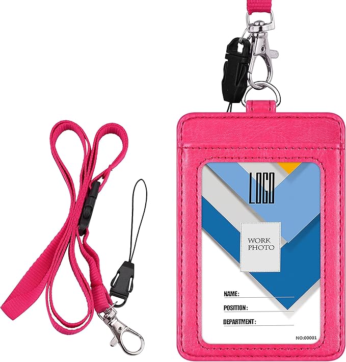 Badge Holder, Wisdompro 2-Sided PU Leather ID Badge Card Holder Wallet Case with 1 Clear ID Window and 1 Credit Card Slot and 22 Inch Quick Rlease Detachable Neck Lanyard Strap - Hot Pink (Vertical)