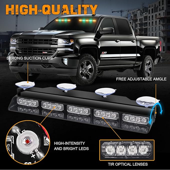 XRIDONSEN 2x 17 inch Amber Green Emergency Lights for Trucks Interior Front/Rear Windshield Dash Strobe Lights 40 LED Safety Flashing Warning Hazard Caution w/Controller for Construction Vehicles Car