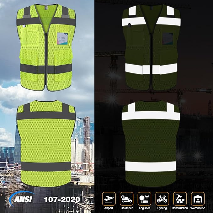 TCCFCCT High Visibility Reflective Safety Vest with 5 Pockets, ANSI/ISEA Class 2, Mesh-yellow-wolf 02, Medium