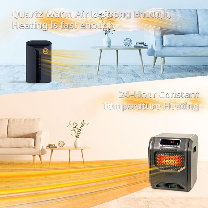 Quartz Space Heater for Indoor Use RealSmart 1500W Electric Heater Remote Control Infrared Heater Office Large Room 3 Heating Modes LED Display Overheat Tip Over Protection