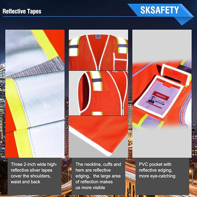 SKSAFETY 10 Pockets Safety Vest, Class 2 High Visibility Security with Zipper Double-sided mesh, Hi Vis Vest with Reflective Strips, ANSI/ISEA Standard, Construction Work Vest （Orange, M）