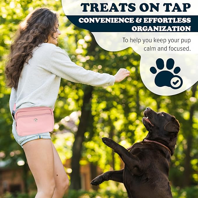 Puppington 3-in-1 Crossbody Dog Treat Pouch for Pet Training - Compostable Poop Bags, Built-In Poop Bag Dispenser, Slow-Feeding Travel Dog Bowl & Reflective Leash - Dog Walking Bag (Blush Pink)